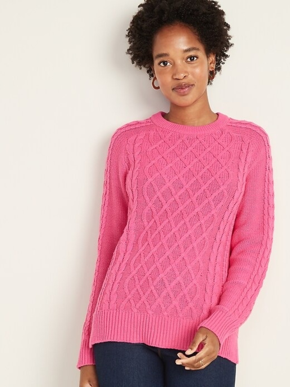 Pink Cable-Knit Crewneck Sweater - Women